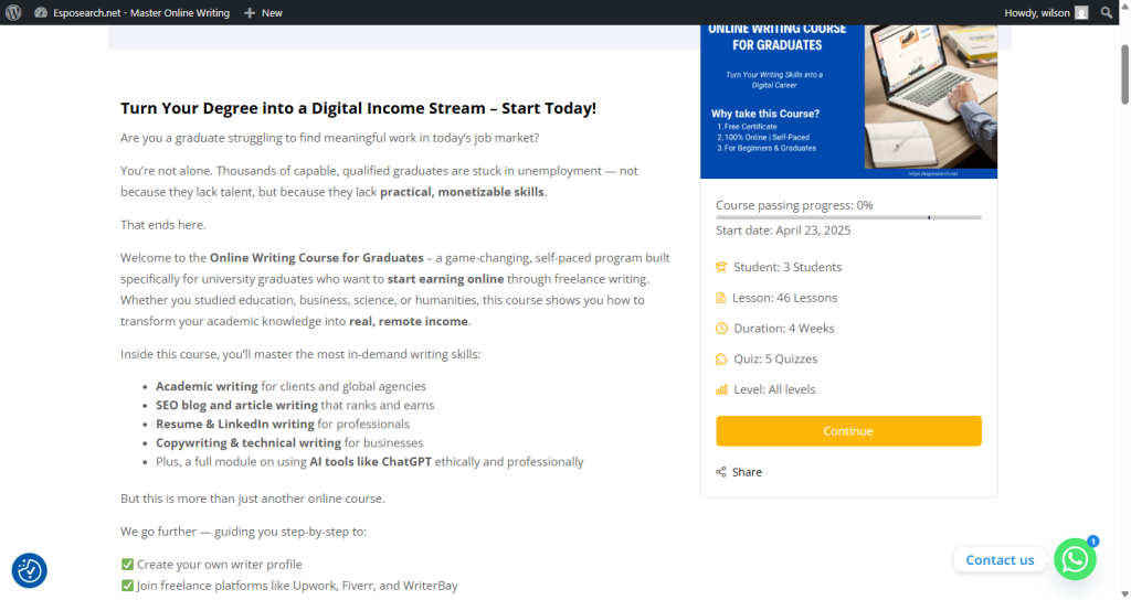 Esposearch Online Writing Course Enrollment
